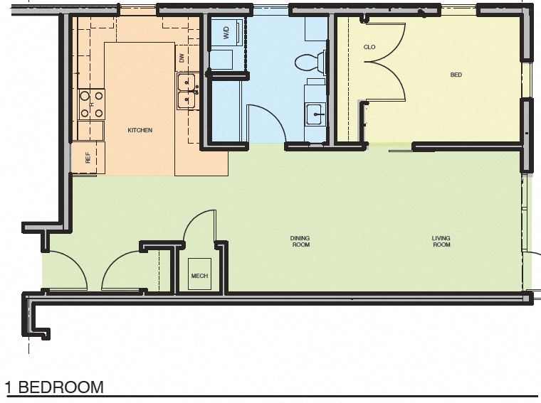 Floor plan for 1 bed, 1 bath, 900 sqft